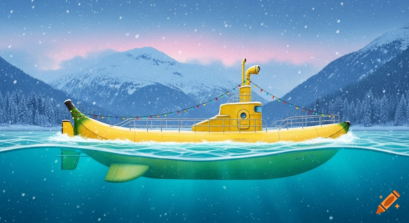 A cartoonish yellow banana submarine decorated with Christmas lights floats in icy blue water with falling snow, surrounded by snow-covered mountains and pine trees.