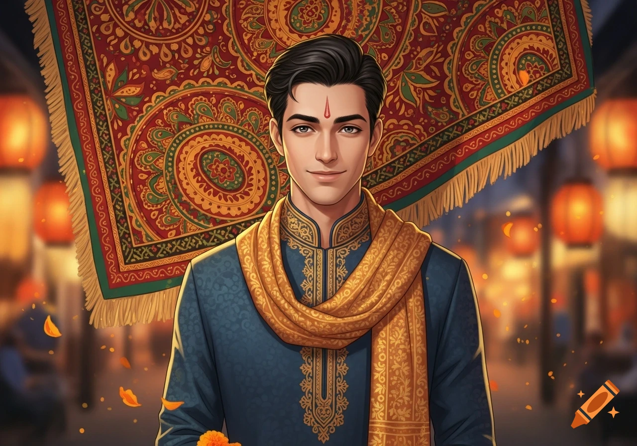Illustration of a smiling Indian man in traditional blue and gold attire, with a bindi, against a patterned tapestry.