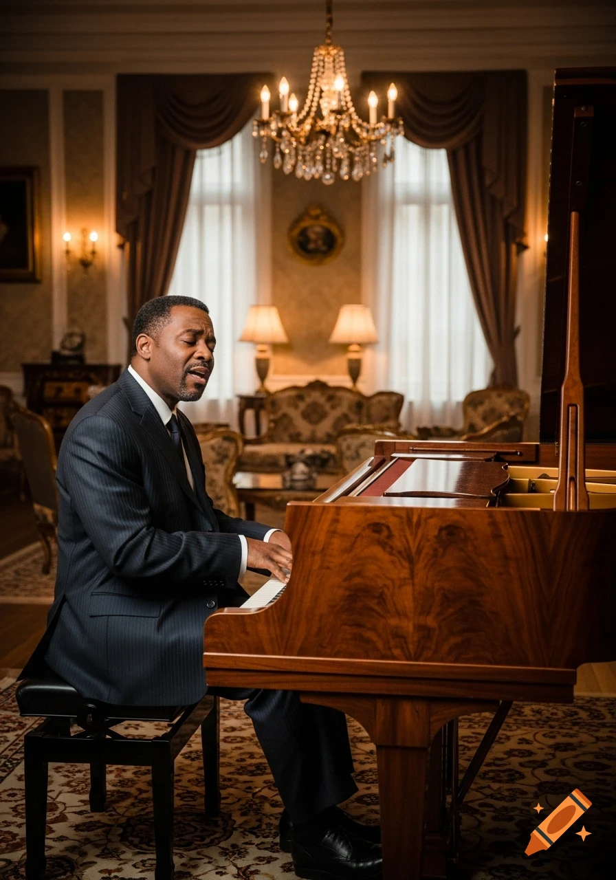 A man in a suit sits at a grand piano, singing, in a luxurious room with a chandelier.