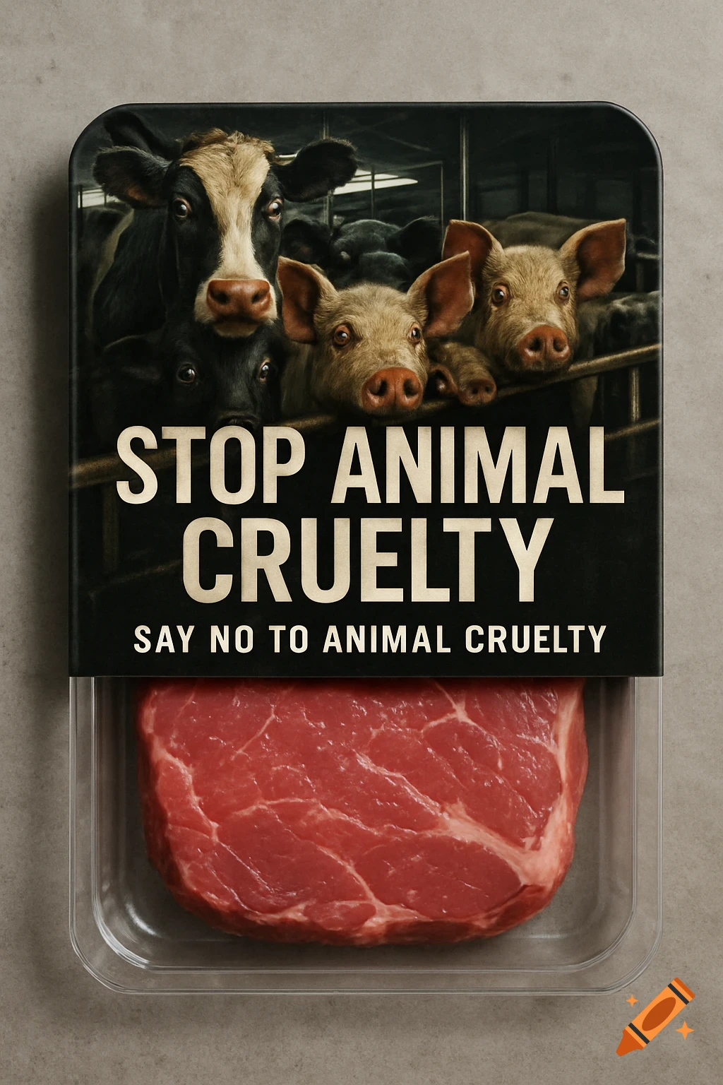 A package of raw meat with a label featuring a sad cow, a calf, and two pigs, above text 'STOP ANIMAL CRUELTY SAY NO TO ANIMAL CRUELTY'.