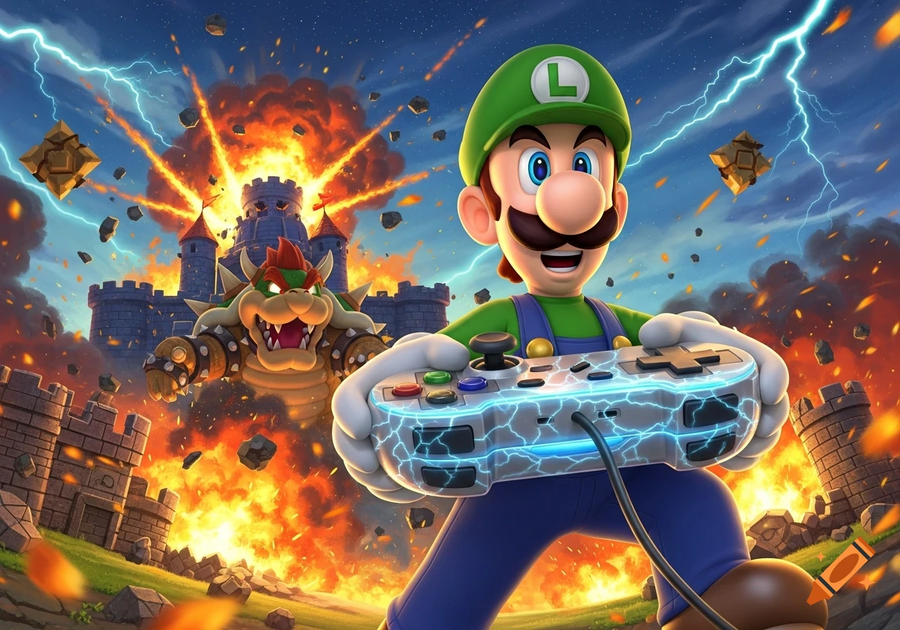 Luigi holds a glowing game controller as Bowser's castle explodes behind him under a lightning-filled sky.