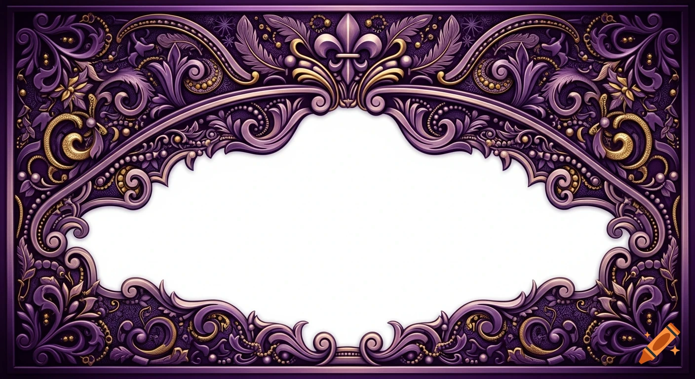 Ornate purple and gold Victorian-style frame with fleur-de-lis and scrollwork, inspired by Mardi Gras.