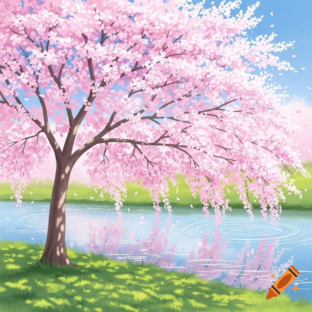 A watercolor illustration of a pink cherry blossom tree on a grassy bank beside a tranquil river under a blue sky.