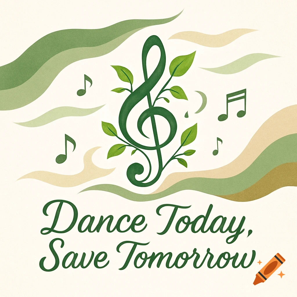 A stylized green treble clef with leaves, surrounded by musical notes and wavy green and beige patterns, with the text 'Dance Today, Save Tomorrow'.