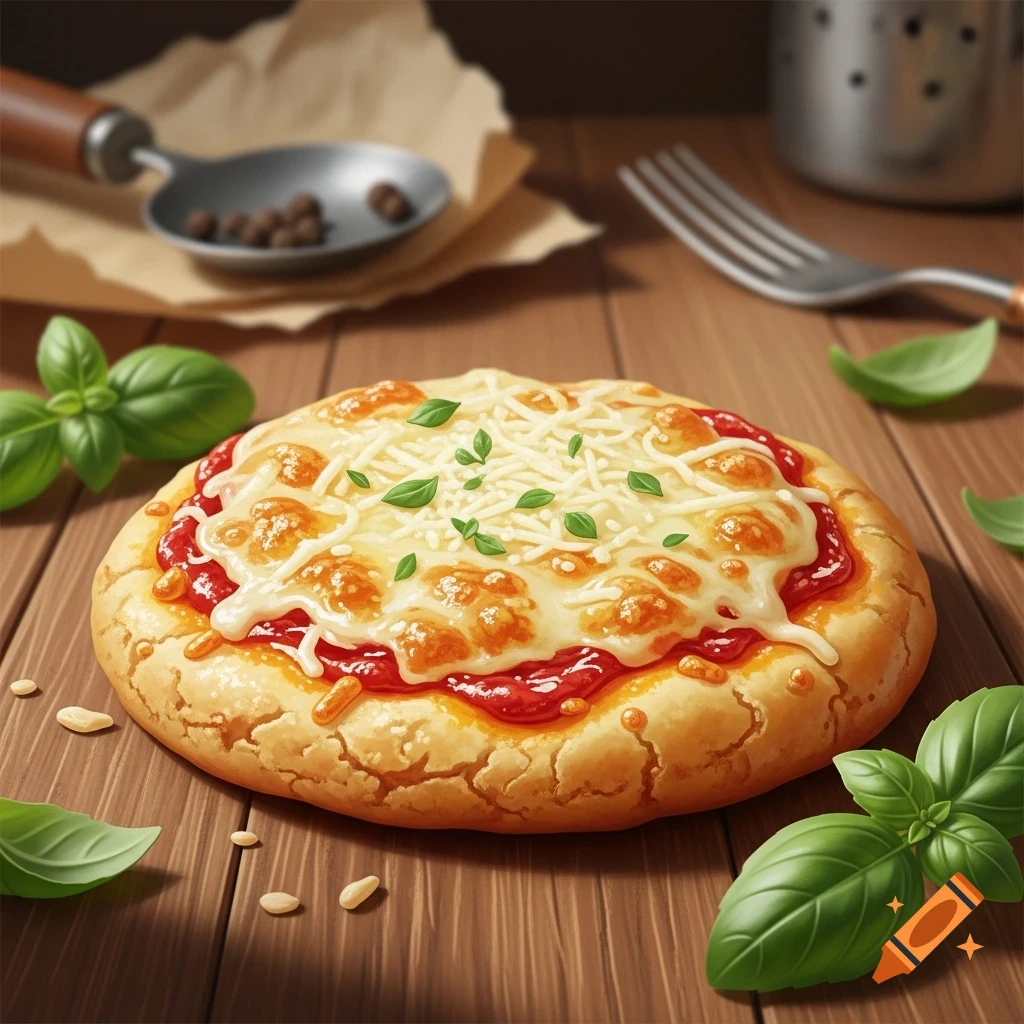 A close-up of a small, round dough base topped with melted mozzarella cheese, red sauce, and fresh basil, on a wooden table with cooking utensils and more basil leaves.