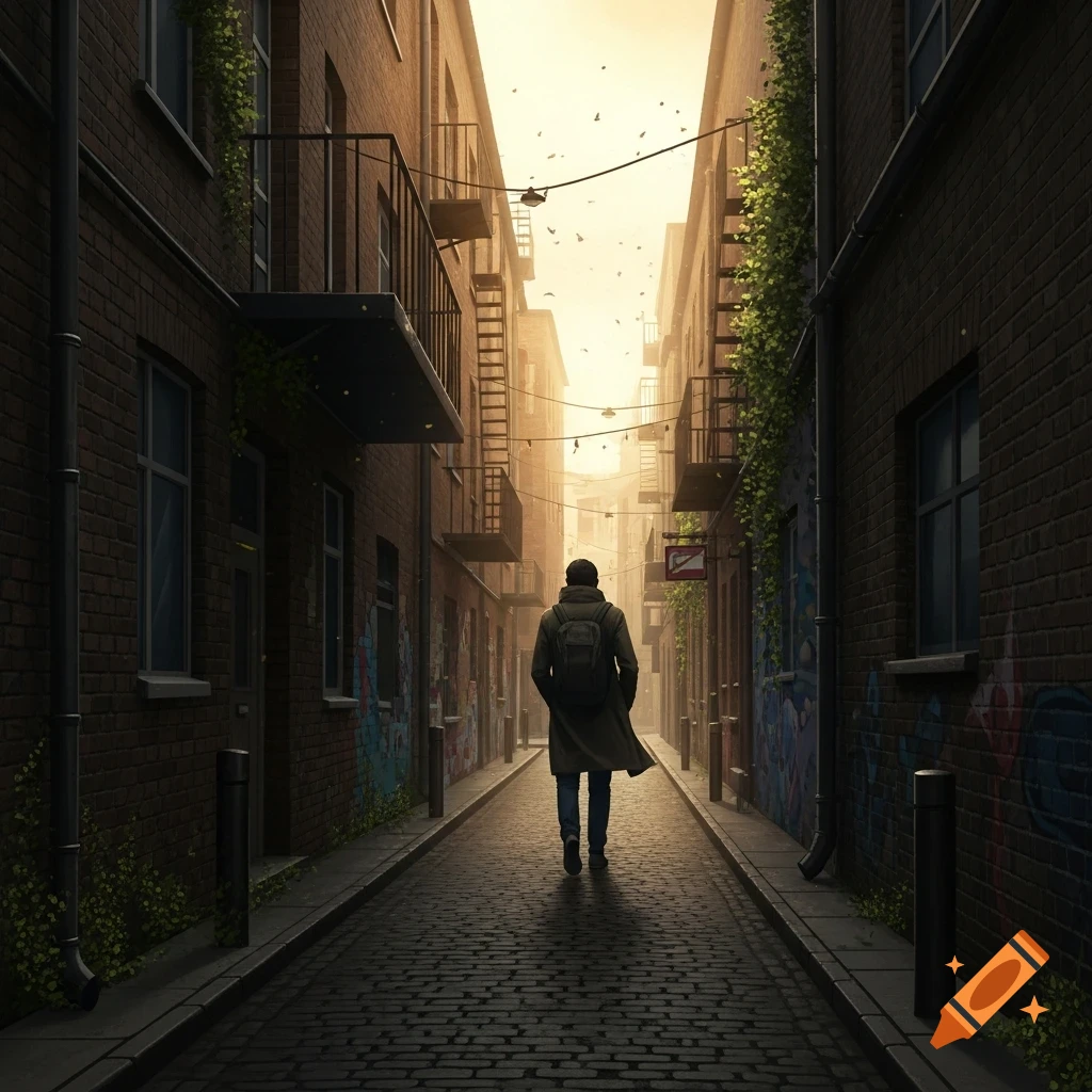 A person in a dark coat and backpack walks down a dark, cobblestone alley lined with brick buildings under a bright, hazy sky.