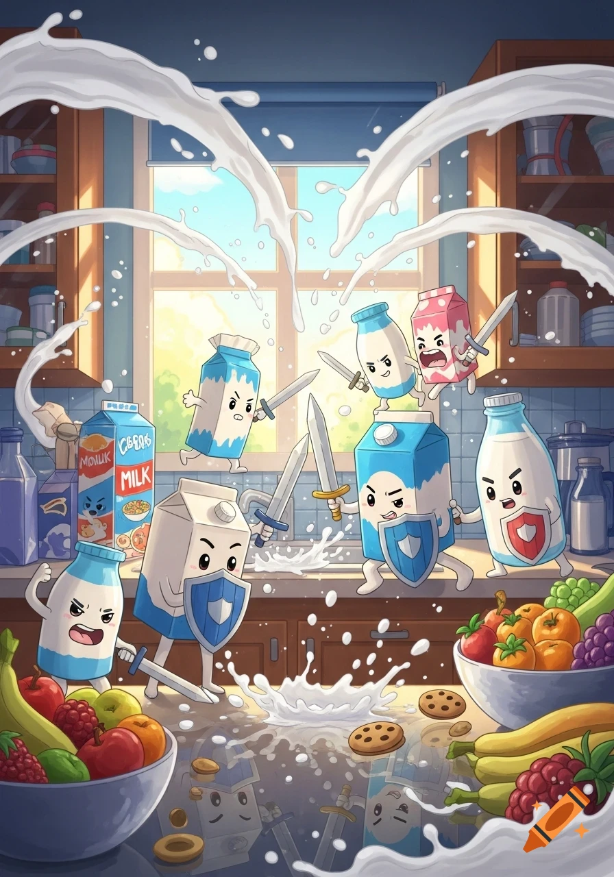 Animated milk cartons and bottles with swords and shields battle in a kitchen, splashing milk around bowls of fruit.