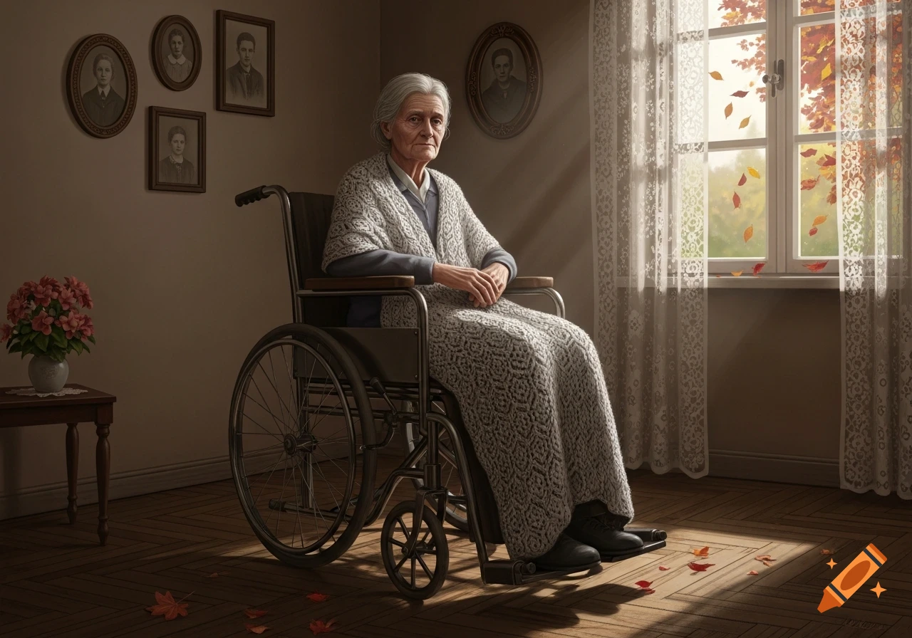 An elderly woman with gray hair sits in a wheelchair in a sunlit room, with autumn leaves visible outside the window.
