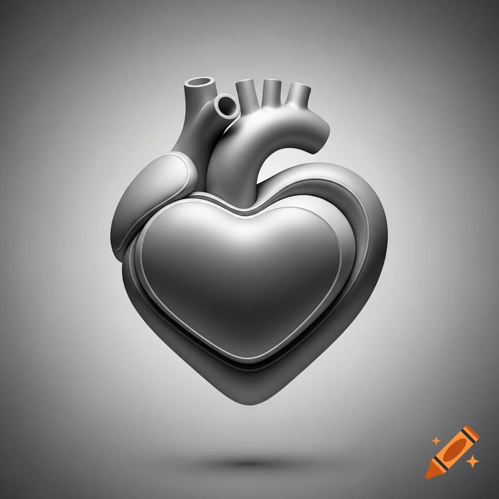 A stylized 3D rendering of a human heart in metallic gray, floating against a gradient background.