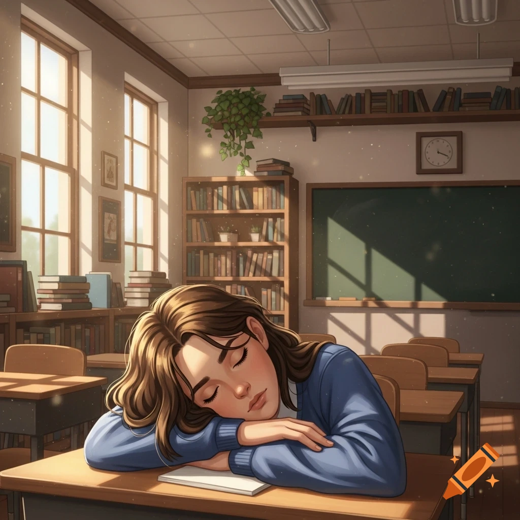 An illustration of a young woman with brown hair sleeping on a desk in a sunlit classroom, surrounded by books.