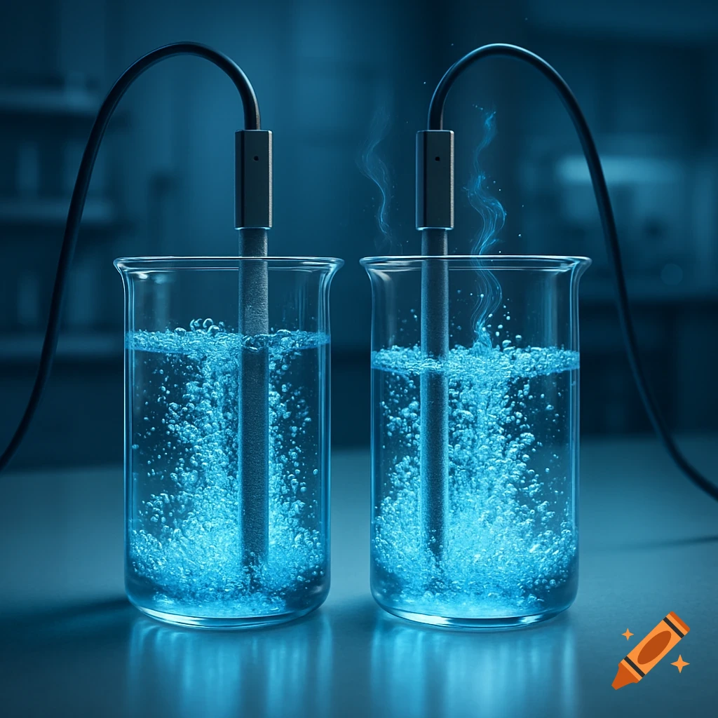 Two beakers with electrodes showing electrolysis with bubbling blue liquid in a dark lab setting.