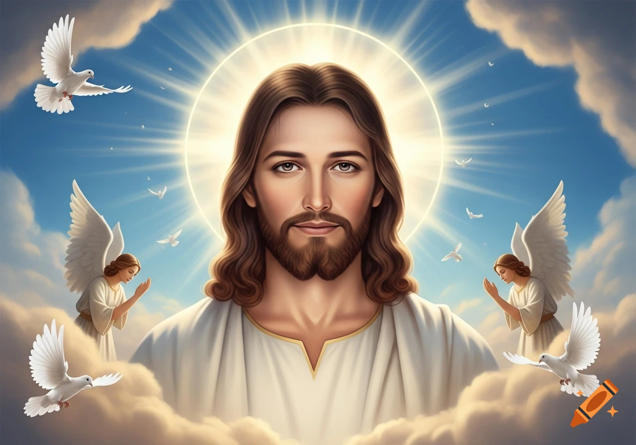 Jesus with a halo, flowing hair, and beard, surrounded by angels, doves, and clouds in a bright, ethereal sky.