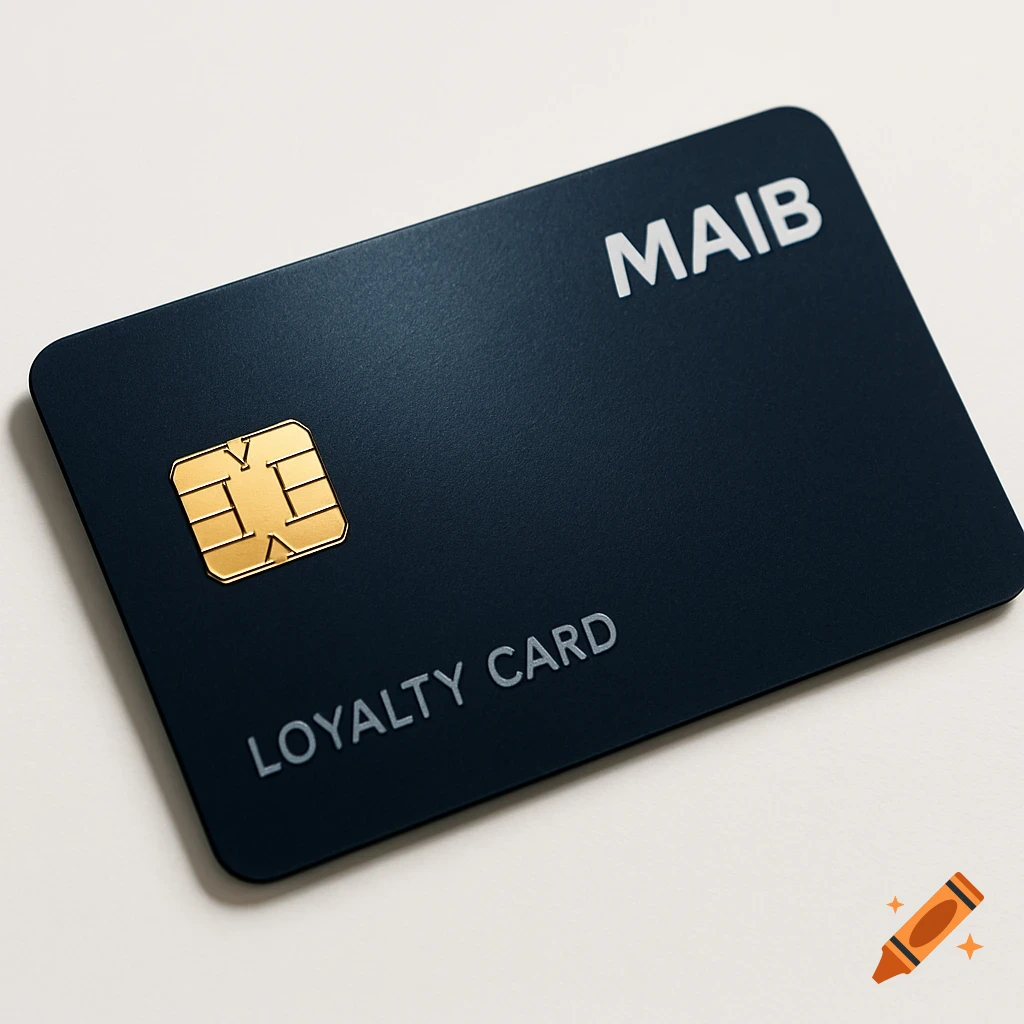 A sleek, dark blue loyalty card with a gold chip, featuring 'MAIB' and 'LOYALTY CARD' text, on a white surface.