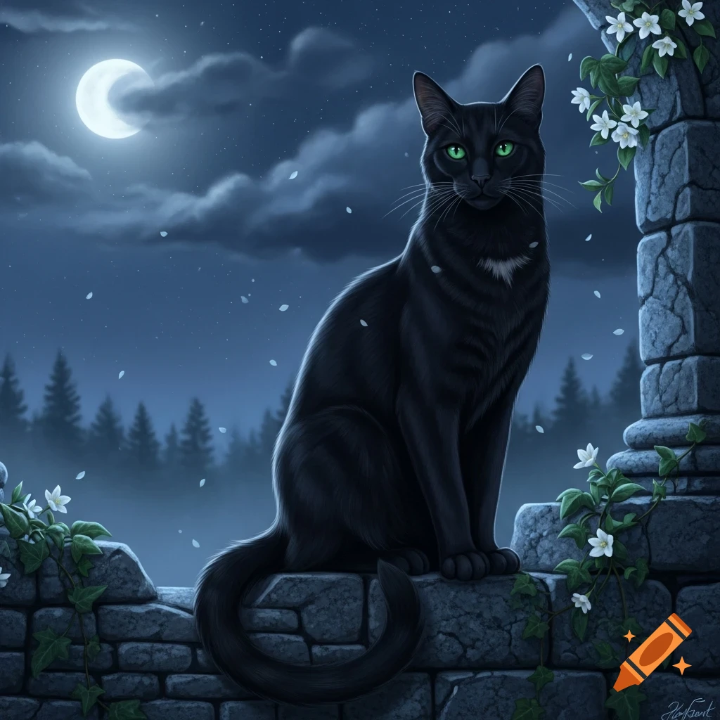 A black cat with vibrant green eyes sits majestically on a mossy stone ...