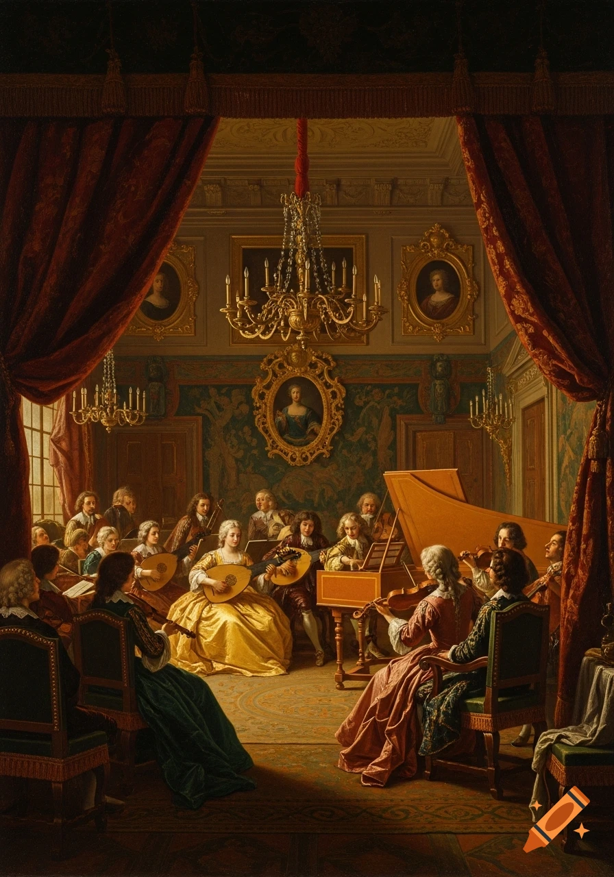 A 17th-century style oil painting of an ensemble performing classical music in a lavish, dimly lit room.