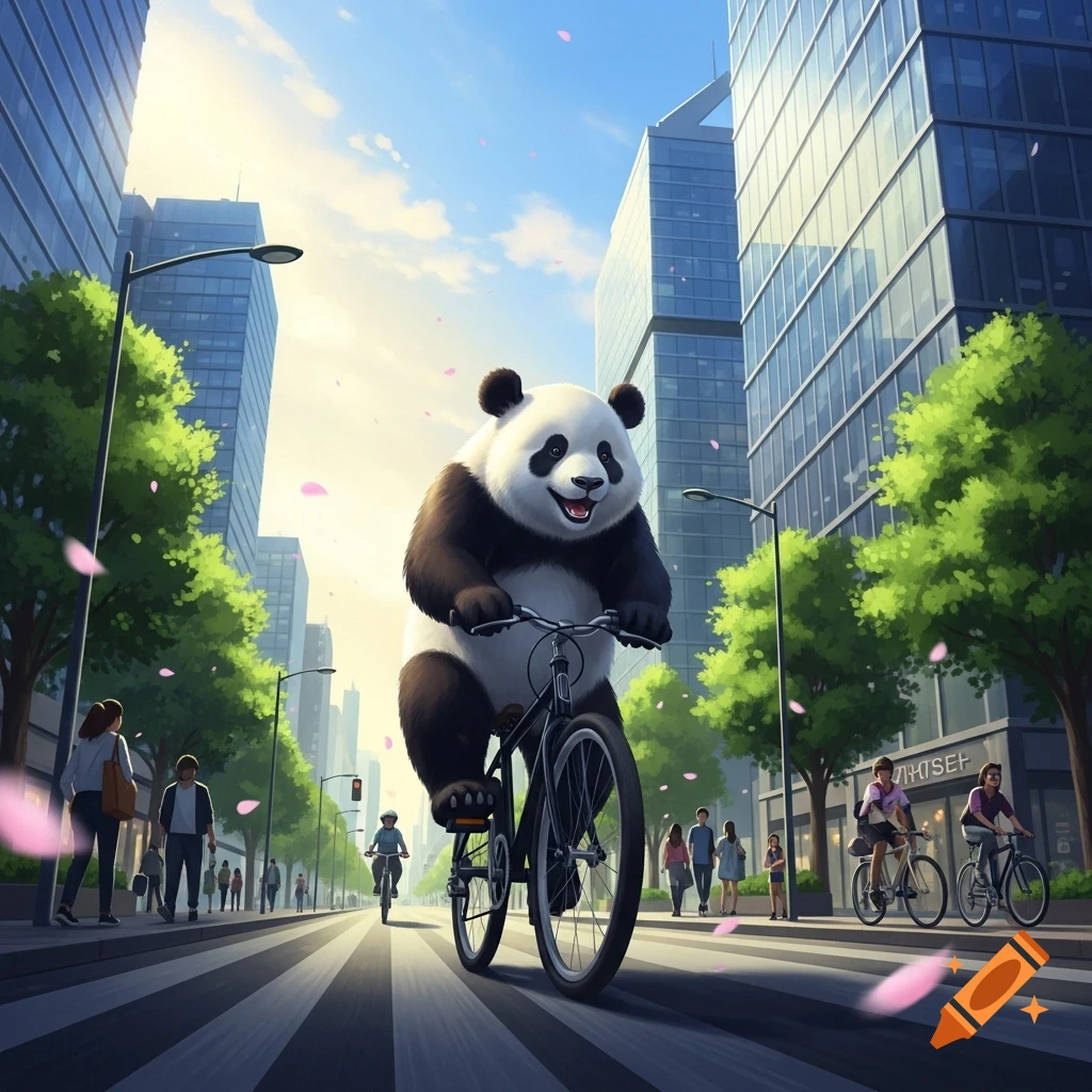 A cartoon panda cycles on a city street with tall buildings and pedestrians, light pink petals falling.