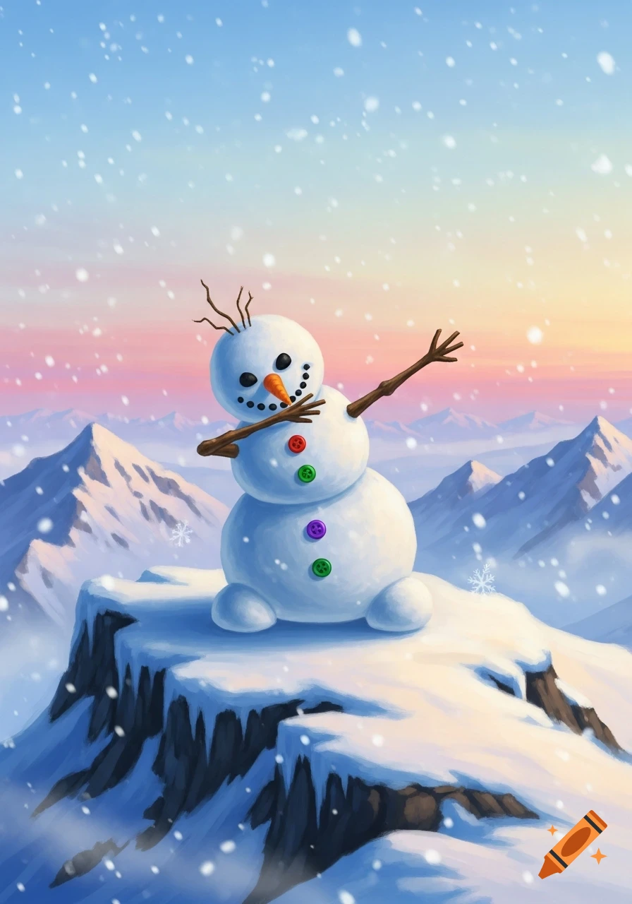 Cartoon snowman dabbing on a snowy mountaintop with a colorful sunset sky and falling snowflakes.