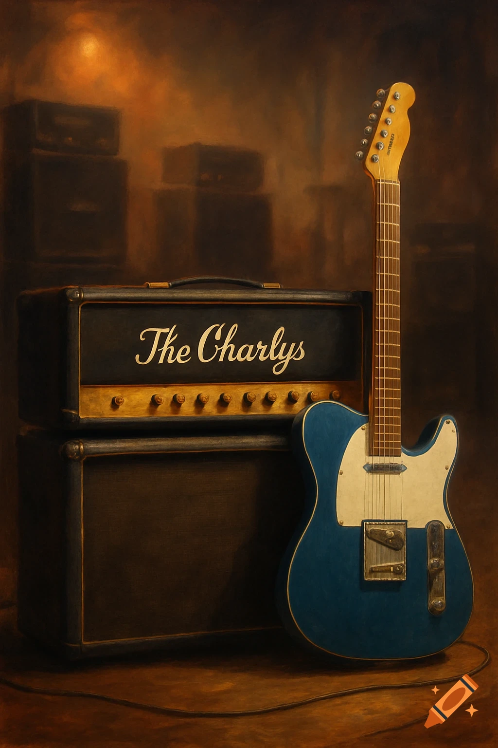 A blue electric guitar leans against a vintage-style black and gold amplifier displaying "The Charlys," with a blurred concert stage background.