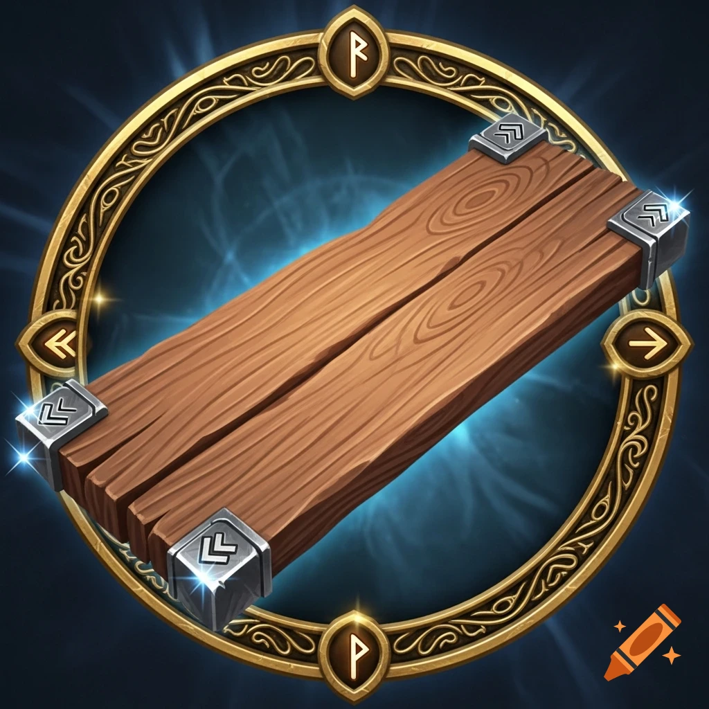 A fantasy MMORPG inventory icon of two wooden planks with rune-engraved metal corners, set within a golden ornate circle.