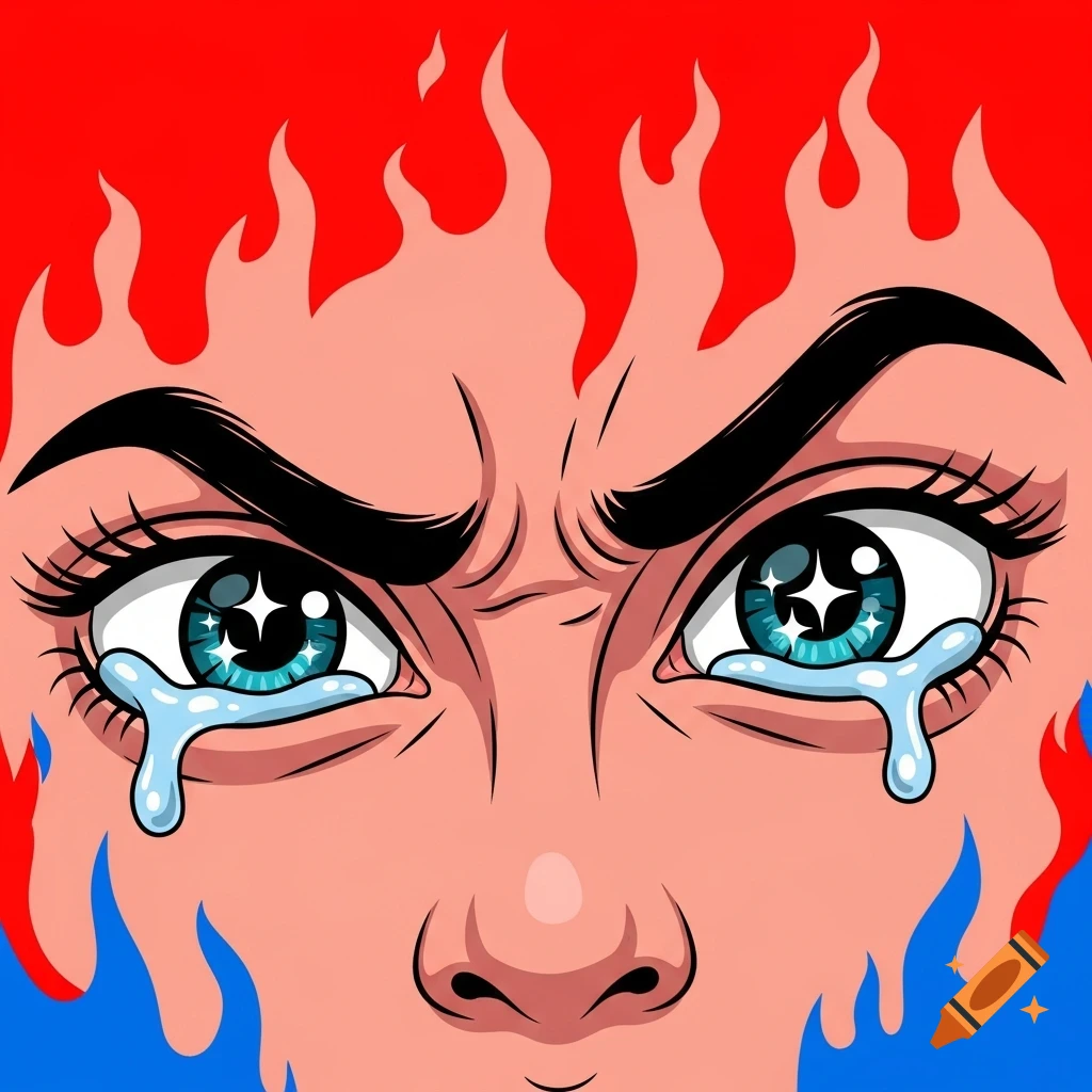 Close-up cartoon of an angry, crying face with fire-like red hair and blue tears.
