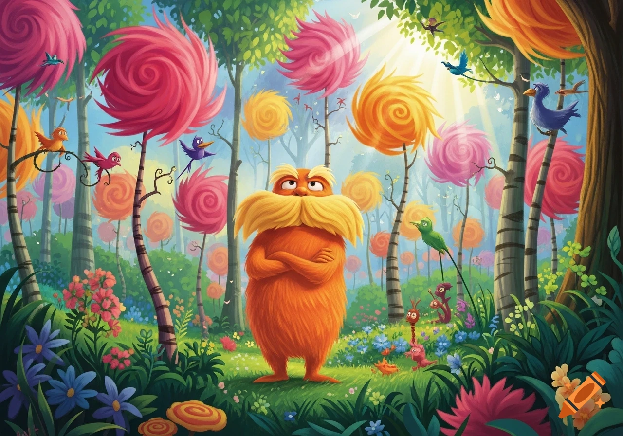 The Lorax stands with arms crossed in a vibrant, whimsical Dr. Seuss forest with colorful Truffula trees and creatures.