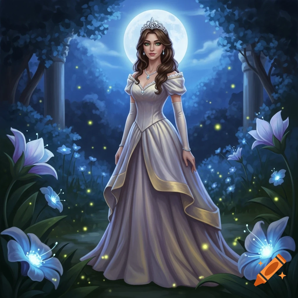 An illustrated princess in a white gown and crown stands in a magical moonlit forest with glowing blue flowers.