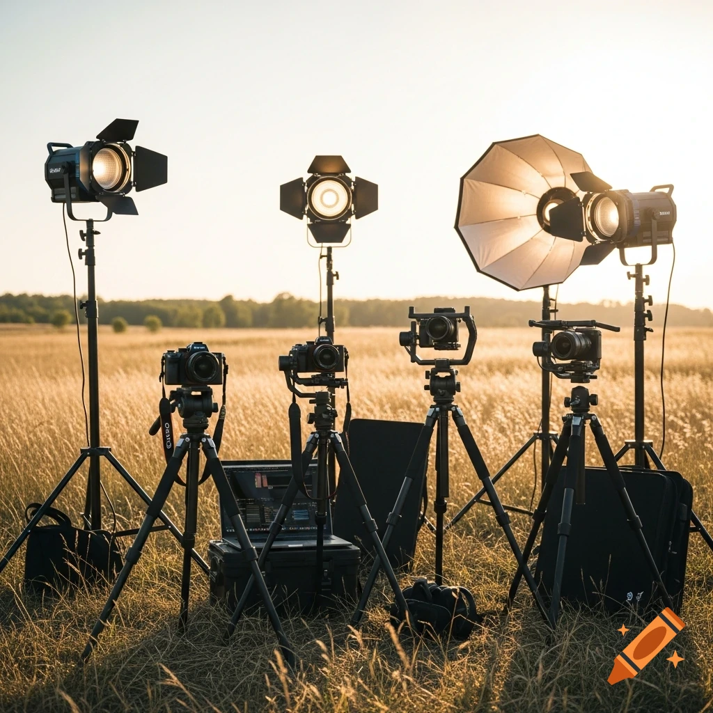 Professional photography and videography equipment including cameras, tripods, gimbals, and studio lights set up in a golden field at sunset.