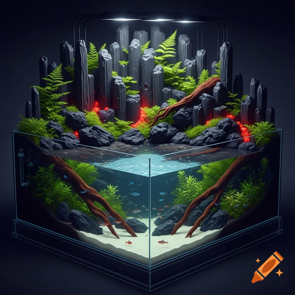 Stylized aquascape with basalt columns, green plants, red glowing elements, and small fish in a glass tank.