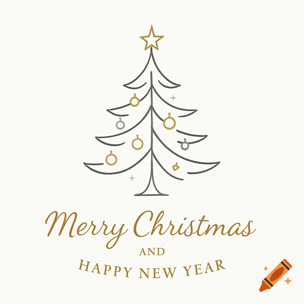Minimalist line art Christmas tree with gold and silver ornaments and text 'Merry Christmas and Happy New Year' on white.