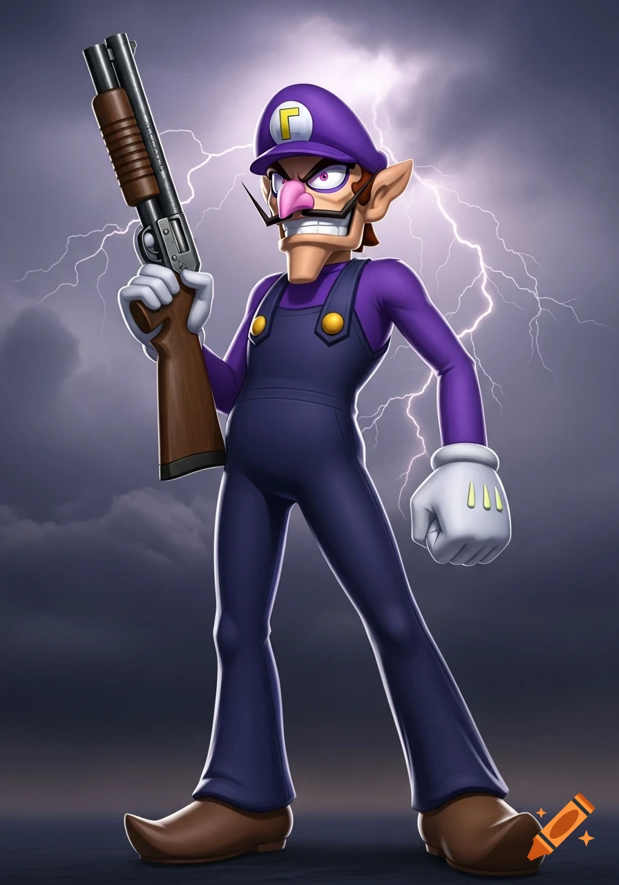 Waluigi, a tall, thin cartoon character in purple overalls and hat, holds a realistic shotgun against a stormy, lightning-filled sky.