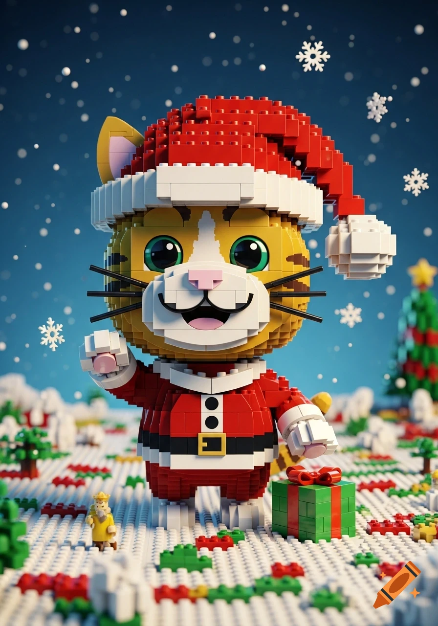 A cheerful Lego cat dressed as Santa Claus in a snowy Lego landscape with a green present and Christmas tree.