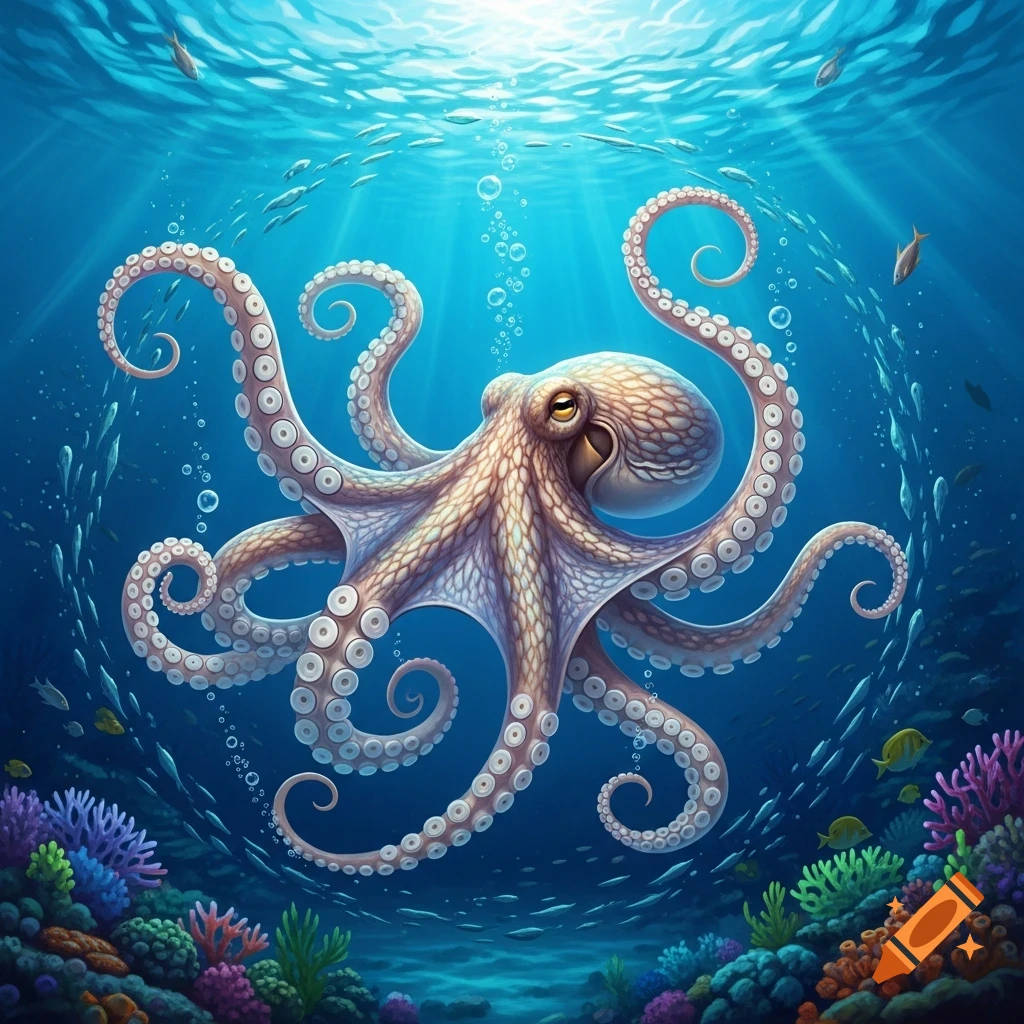 A vibrant, cartoonish octopus swims in clear blue ocean water above colorful coral reefs with small fish and sunlight filtering from the surface.