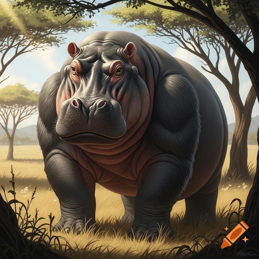 A muscular hippo-gorilla hybrid stands in a grassy savanna under acacia trees, looking forward.