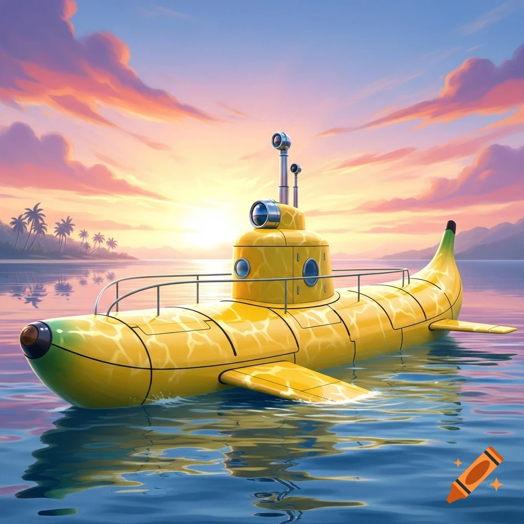 A vibrant yellow banana-shaped submarine floats in calm blue water at sunset, with palm trees on a distant island.