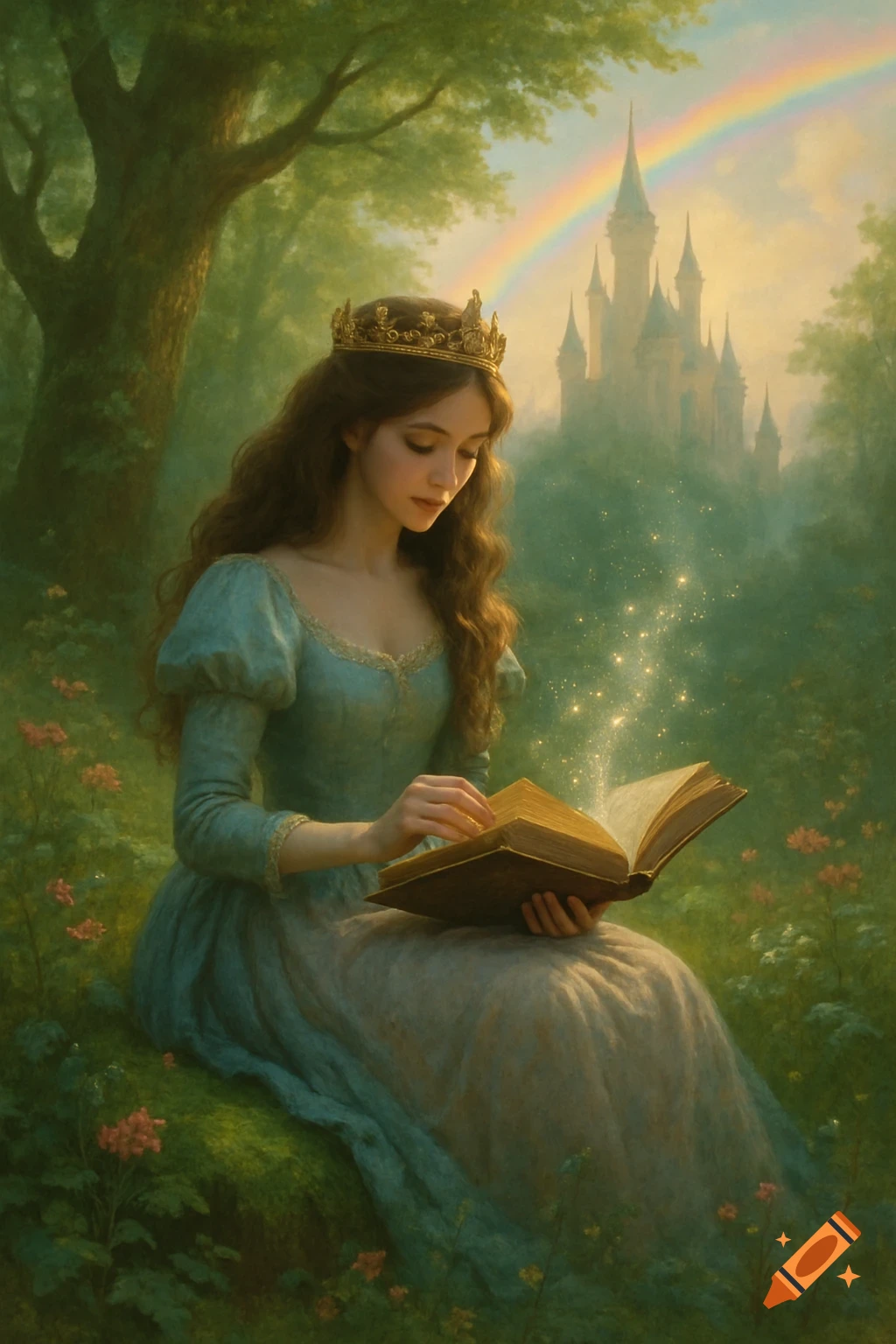 A princess in a blue dress reads a magical book with sparkling light in a fantasy forest, a castle and rainbow behind her.