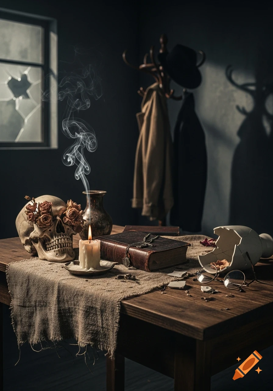 A dark still life with a skull adorned with dried roses, a lit candle, an old book, a broken vase, and eyeglasses on a table with a torn cloth, beside a broken window.
