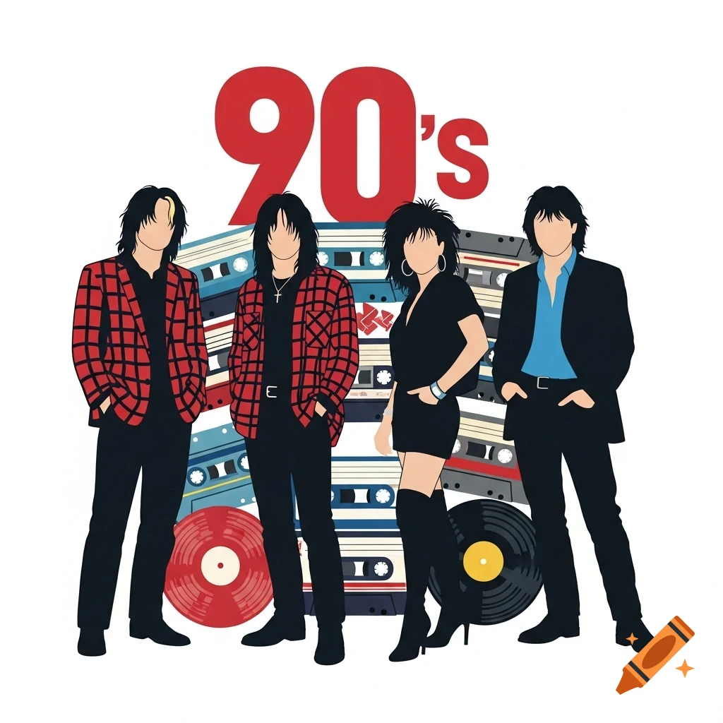 Stylized vector art of four musicians in 90s fashion with '90's' text, cassette tapes, and vinyl records.