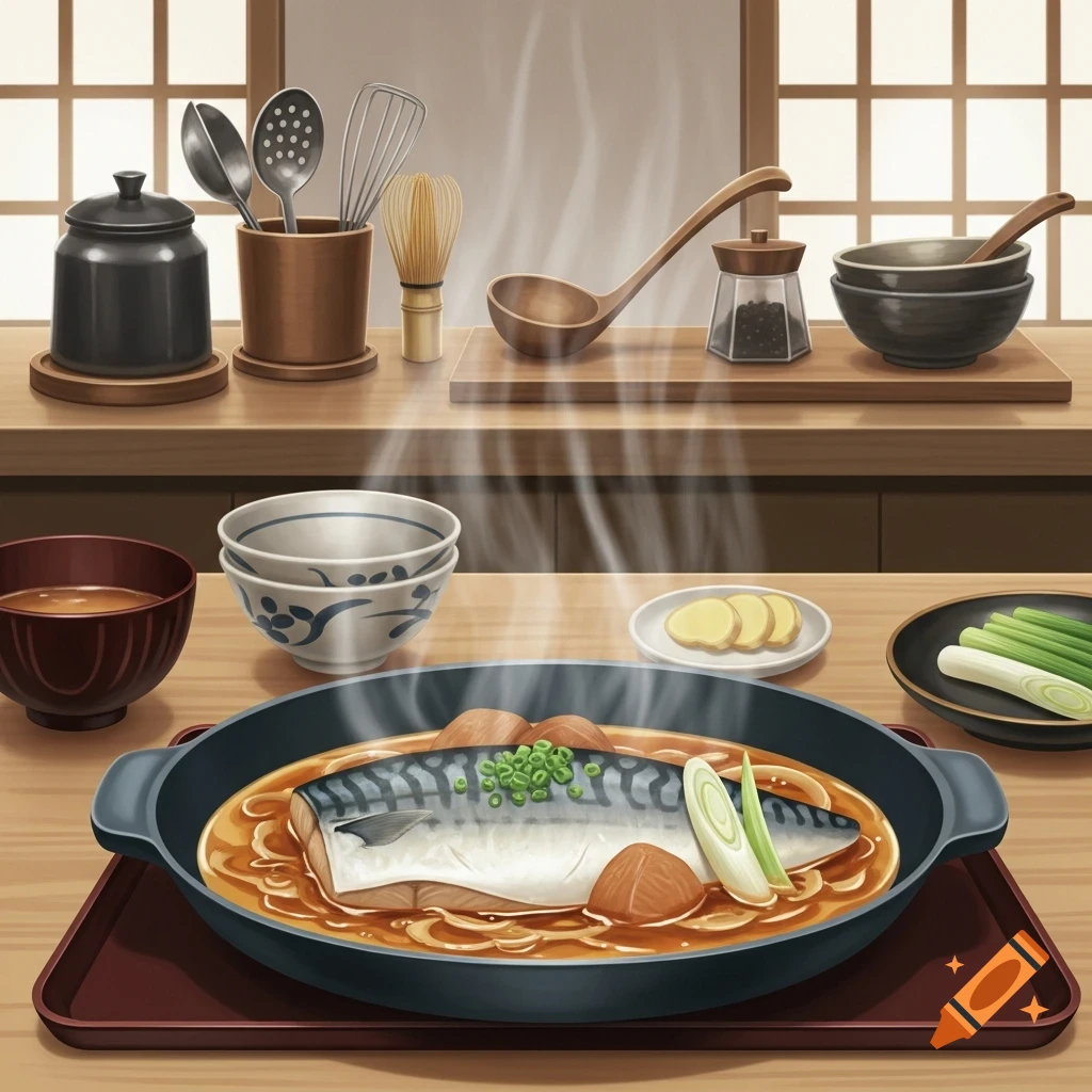 An illustrated Japanese kitchen scene with a steaming pan of mackerel miso stew and cooking utensils on a wooden counter.