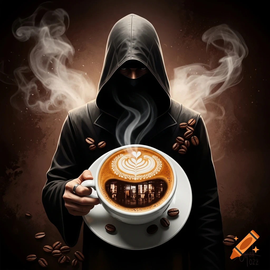 A dark hooded figure holds a large cappuccino cup with heart latte art and a cafe reflection, surrounded by steam and scattered coffee beans in an illustrative style.