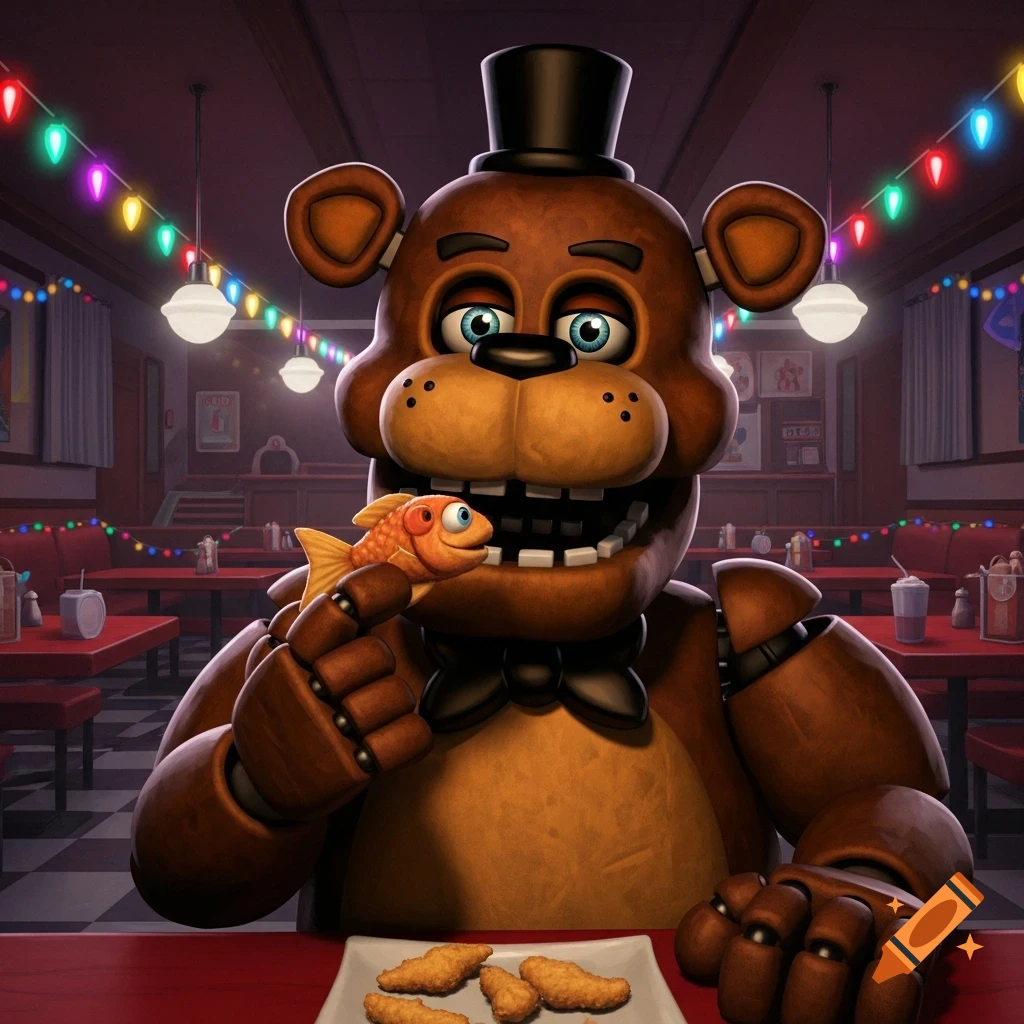 A brown animatronic bear in a top hat sits at a diner table, holding a small fish in its hand, with a plate of fried food in front.