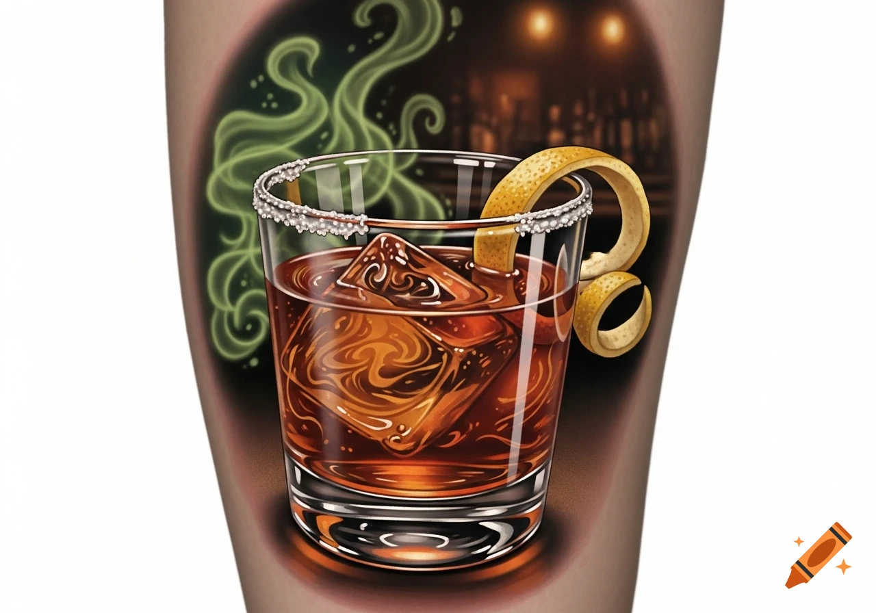 Stylized tattoo of a Sazerac cocktail in a glass with ice, an orange peel, and green smoke against a dark bar background.
