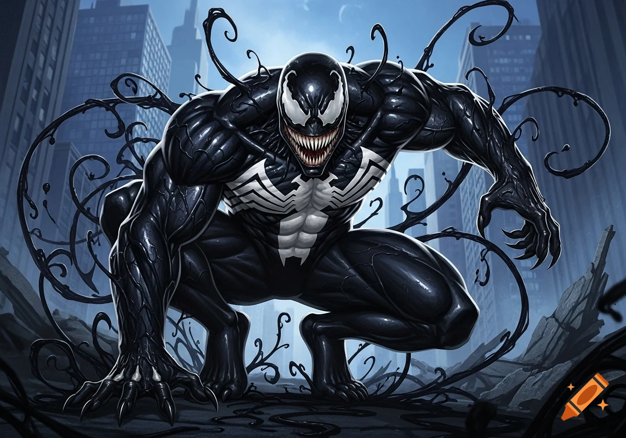 A muscular, black-suited Venom with sharp teeth and a white spider symbol crouches menacingly amidst tendrils in a city.