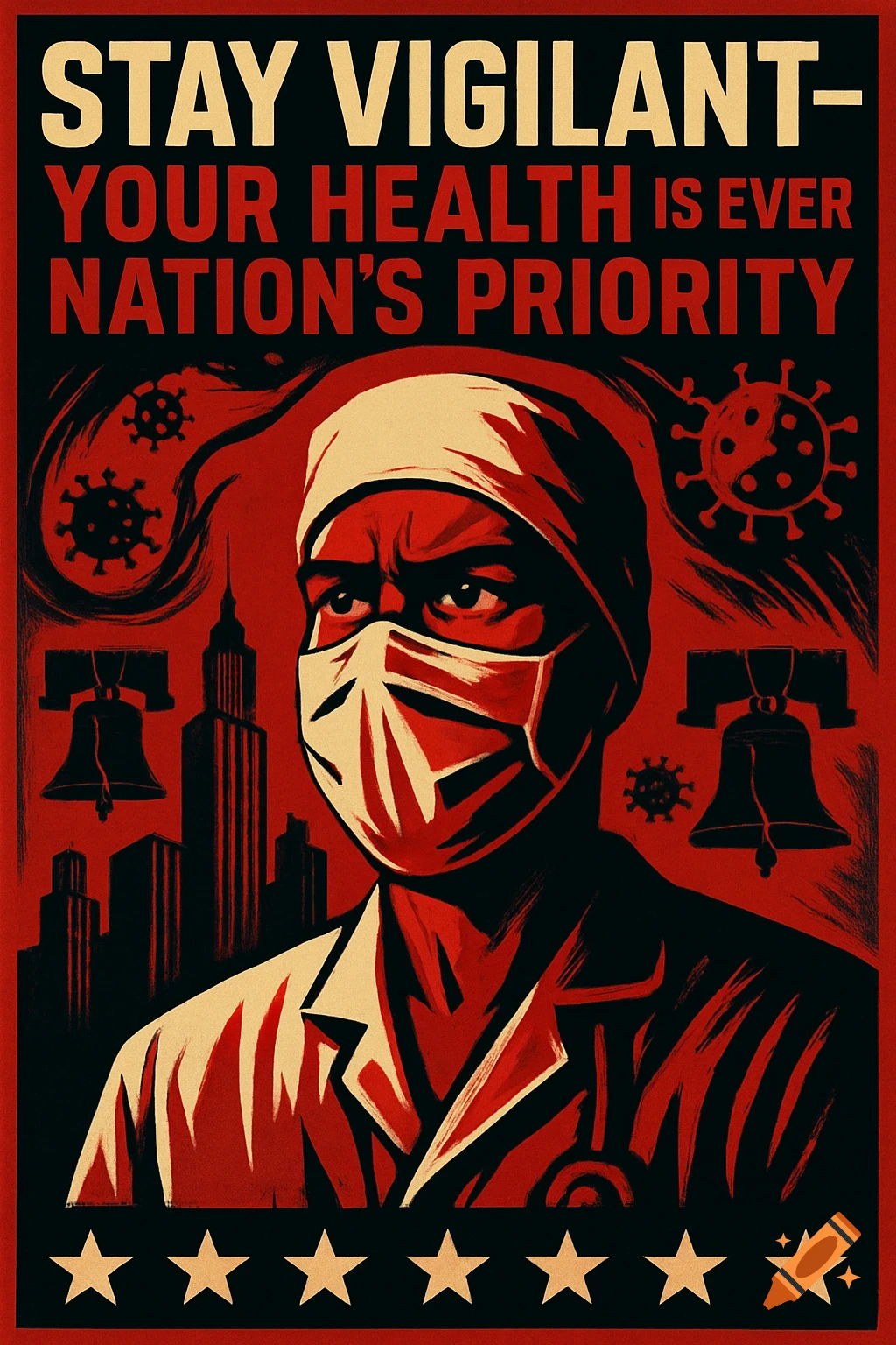 A propaganda poster in red, black, and beige shows a masked medical worker against a city skyline with virus symbols and the Liberty Bell, with the slogan 'STAY VIGILANT- YOUR HEALTH IS EVER NATION'S PRIORITY' and stars at the bottom.