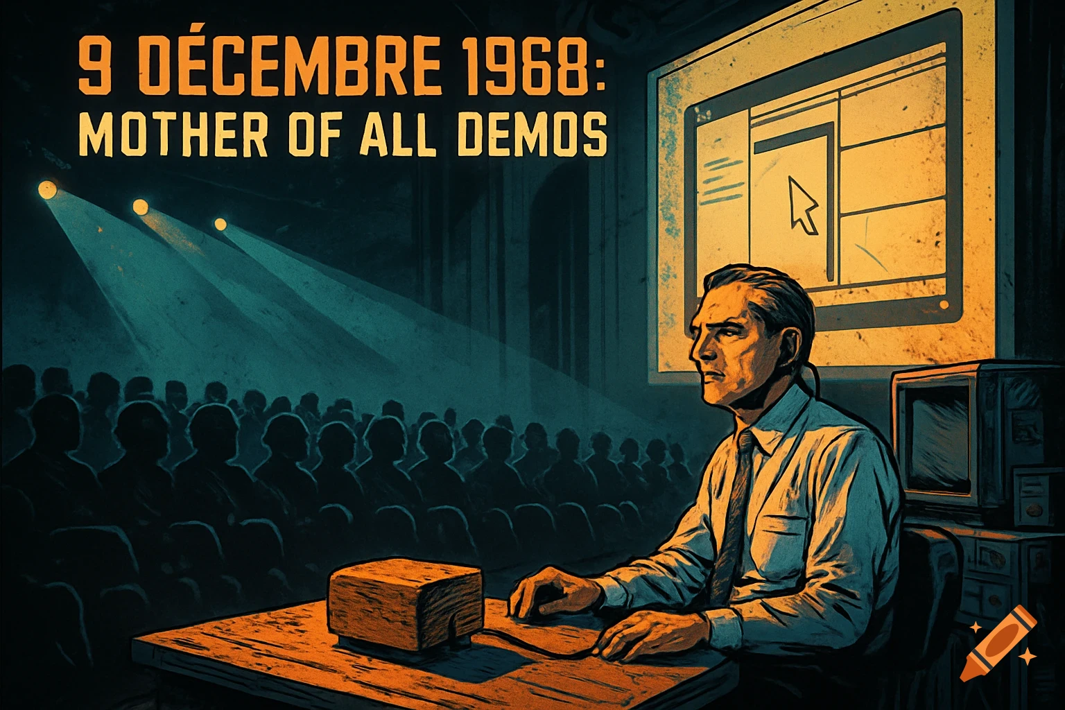 Douglas Engelbart presents at a computer workstation with a large screen, audience in silhouette, cel-shaded comic art. Text: '9 DÉCEMBRE 1968: MOTHER OF ALL DEMOS'.