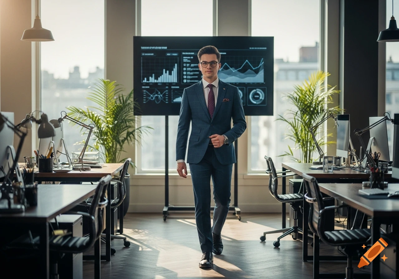 A professional man in a blue plaid suit walks through a modern office with large windows and data screens.