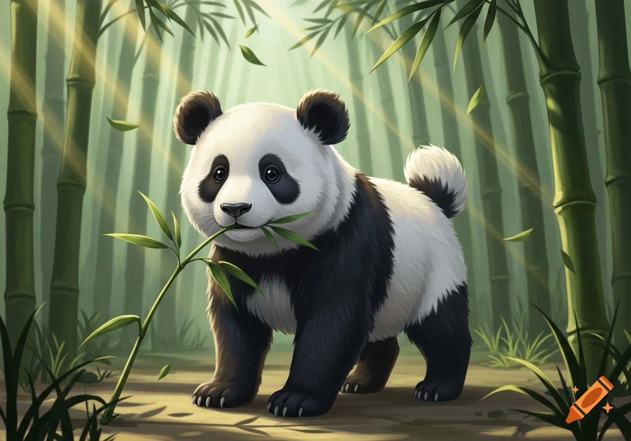 A cute illustrated panda-dog hybrid eating bamboo in a sunlit bamboo forest.