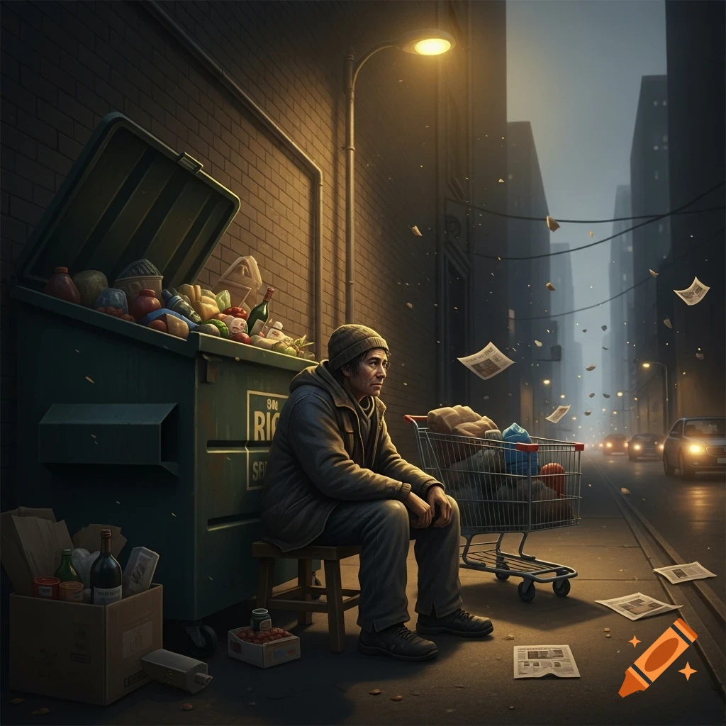 A sad-looking homeless man sits on a stool next to a full dumpster in a dimly lit city alley, with a shopping cart of belongings nearby and papers flying in the air.