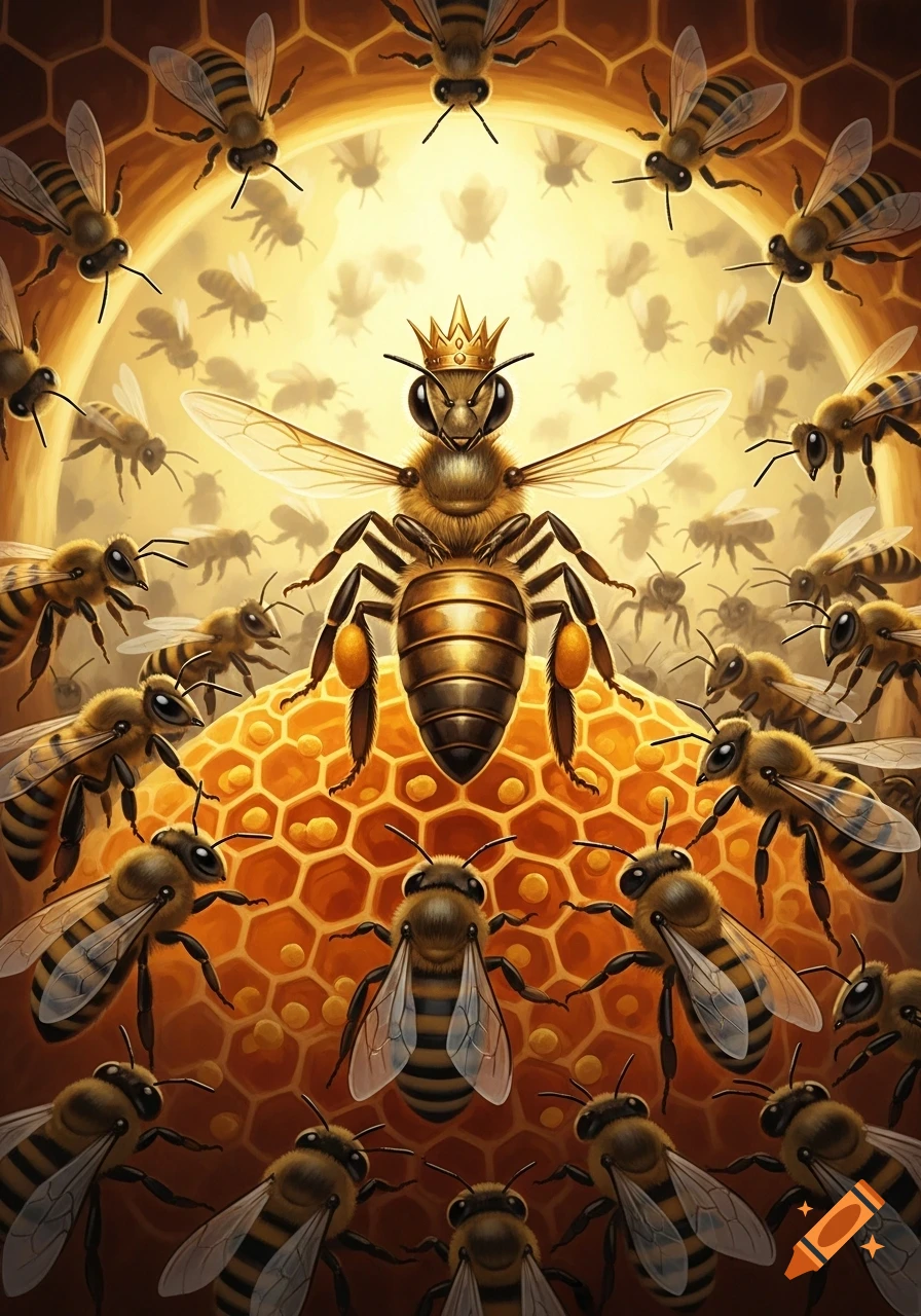 A regal queen bee wearing a golden crown stands on a honeycomb, surrounded by a swarm of other bees against a glowing golden background.
