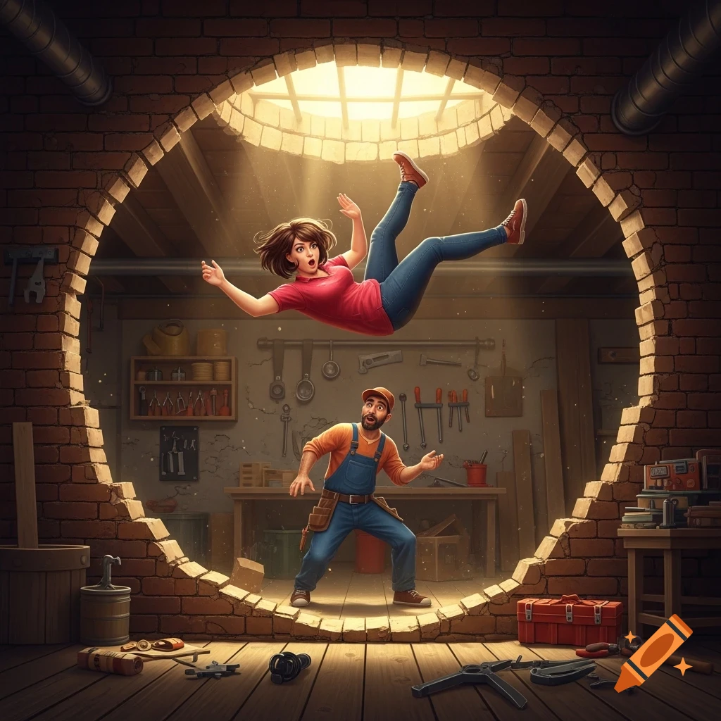 A cartoon woman falls through a circular hole in a brick wall into a workshop where a surprised man stands among tools.