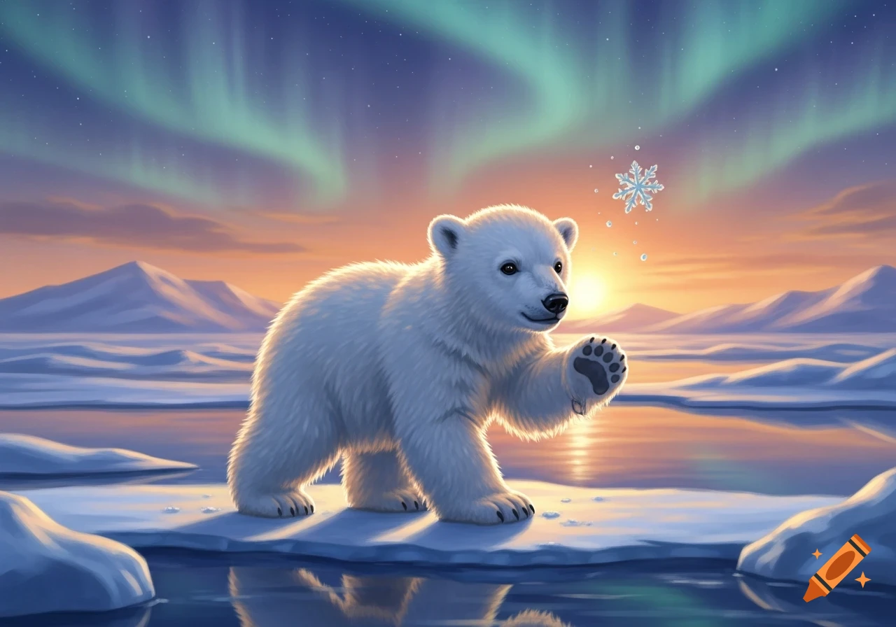 A cute polar bear cub stands on an ice floe, raising a paw towards a sparkling snowflake, under an aurora borealis sky at sunset.